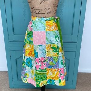 VTG Patchwork Print Reversible Skirt. Pink, multi color to solid green.